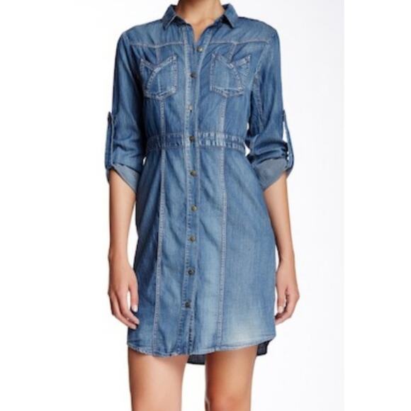 ECI Dresses & Skirts - ECI Blue Denim Shirt Dress Size 6 Button Front Long Sleeve Belted